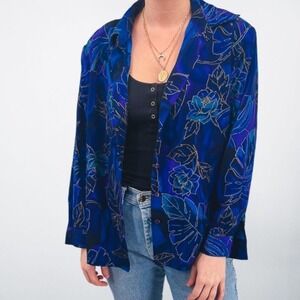 BonWorth Vintage Blue Tropical‎ Floral Monstera Leaf Button Down Blouse Shirt